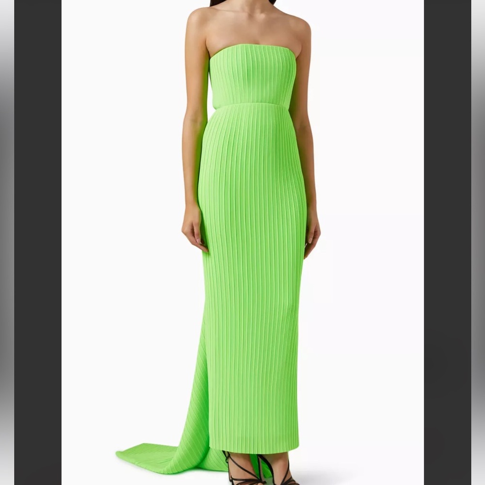 Solace London Strapless Harlee Lime Green Neon Pleated with Train Column Dress
